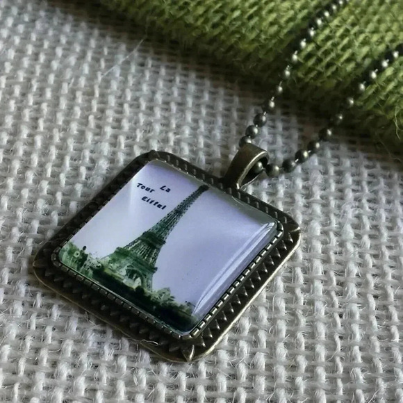 Paris France Eiffel Tower Vintage Photo Square Antiqued Brass Glass 27" Long Nec - Picture 1 of 3